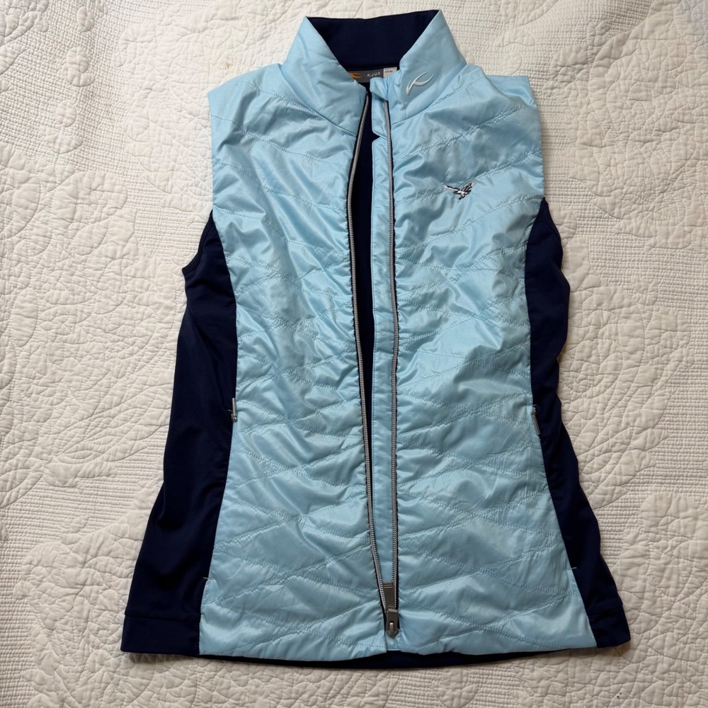 KJUS Women Quilted Hybrid Vest Light Blue Navy Full Zip Golf Outdoor Size 38 M